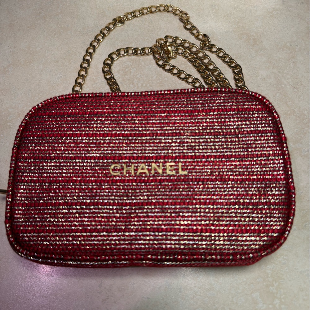 Chanel Red and Gold Metallic Tweed 2022 Holiday  Bag New